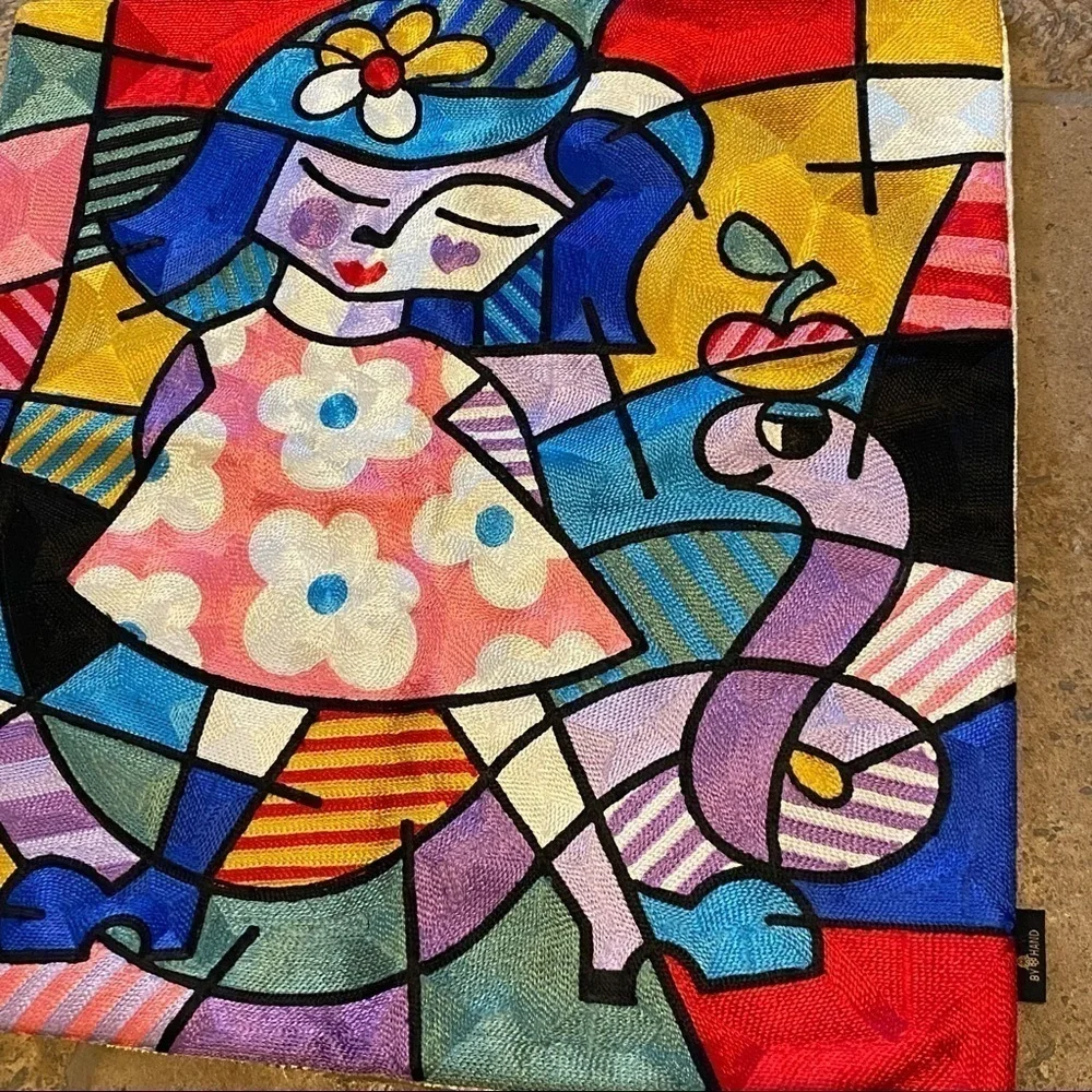NWOT~BY HAND Embroidery Art Unique Colorful Cushion Covers 17 1/2”x18”